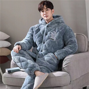 冬季男士睡衣珊瑚绒三层加厚加绒夹棉男装保暖法兰绒上衣套装棉袄