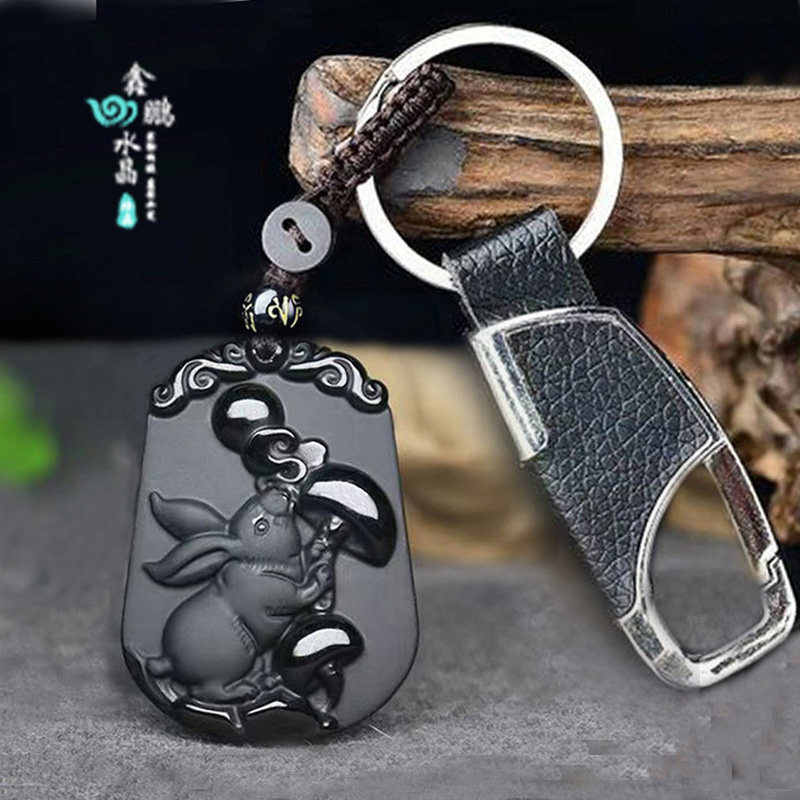 天然乌金黑曜石兔吊坠