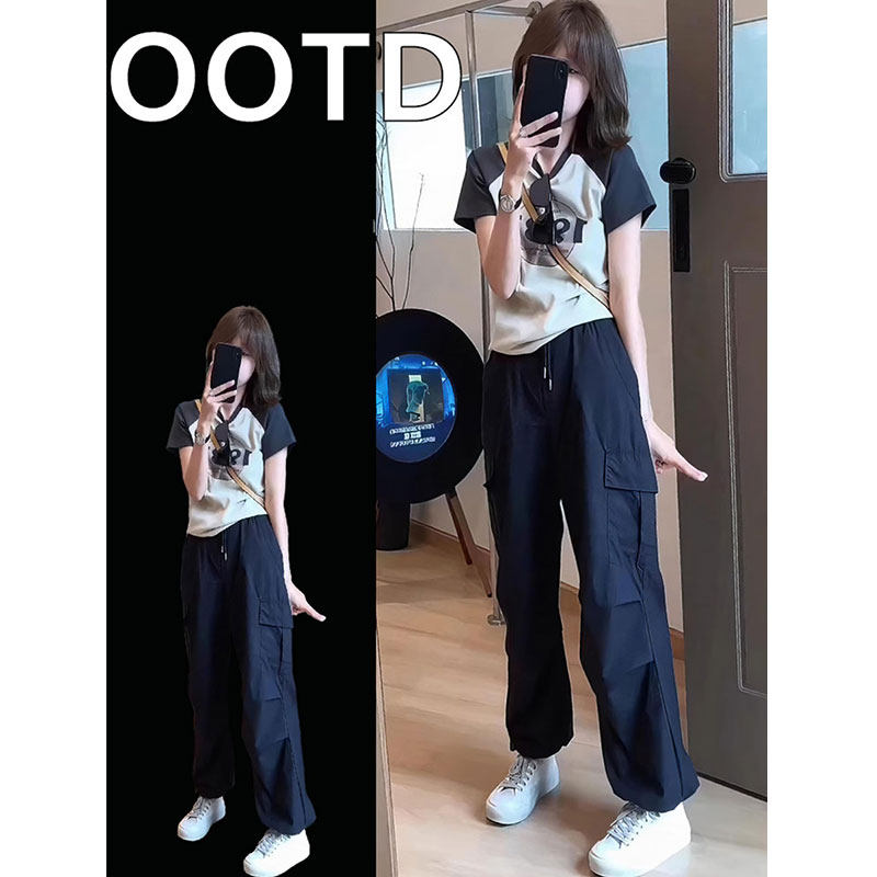 时尚休闲运动服套装女夏季学生韩版减龄显瘦短袖工装裤子两件套潮