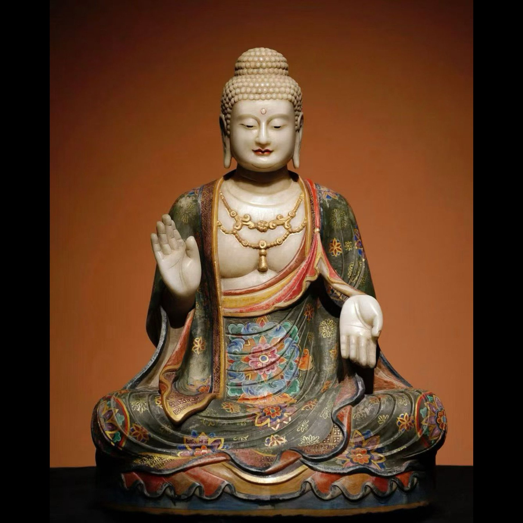 石雕仿古复古唐代汉白玉彩绘佛像造像坐佛摆件做旧摆放家居供奉