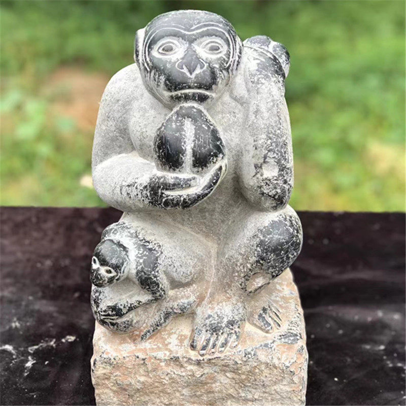 石雕复古仿古青石猴子石猴献寿摆件做旧摆放别墅家居饭店会所招财