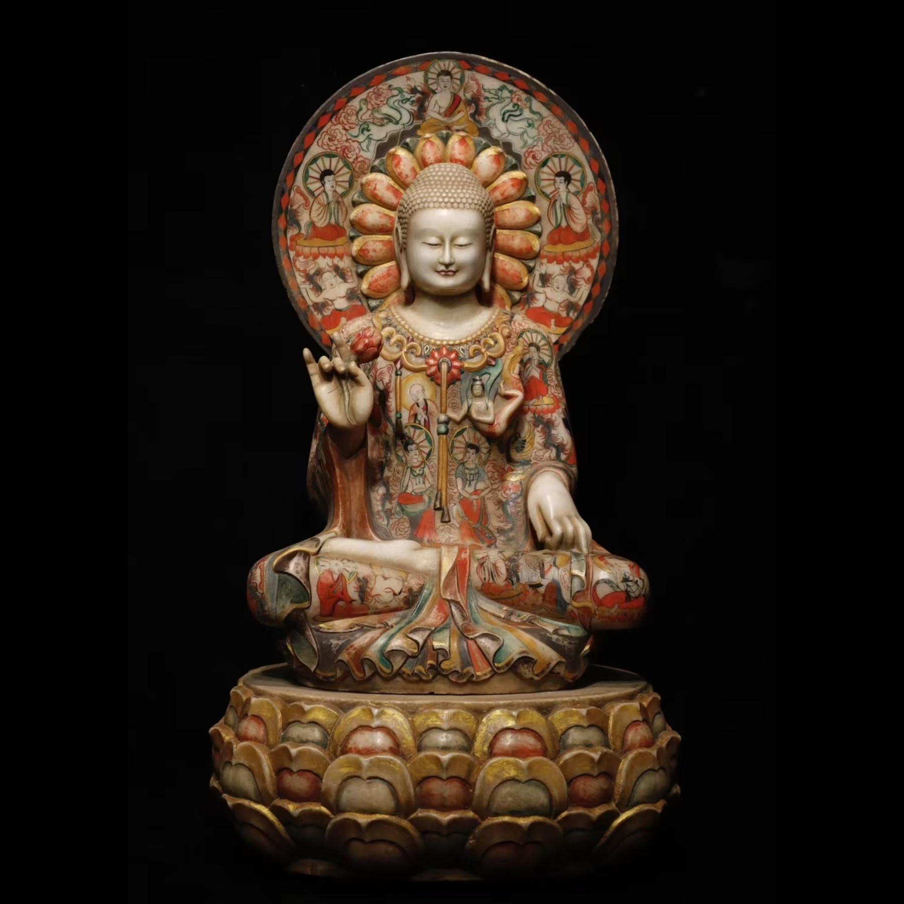 石雕仿古复古北齐汉白玉彩绘佛像造像坐佛摆件做旧摆放家居佛堂