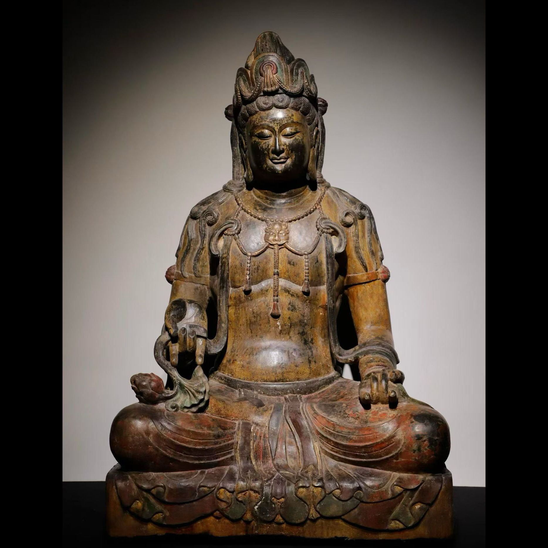 石雕仿古复古唐代青石彩绘大观音菩萨佛像造像坐佛摆件做旧摆放