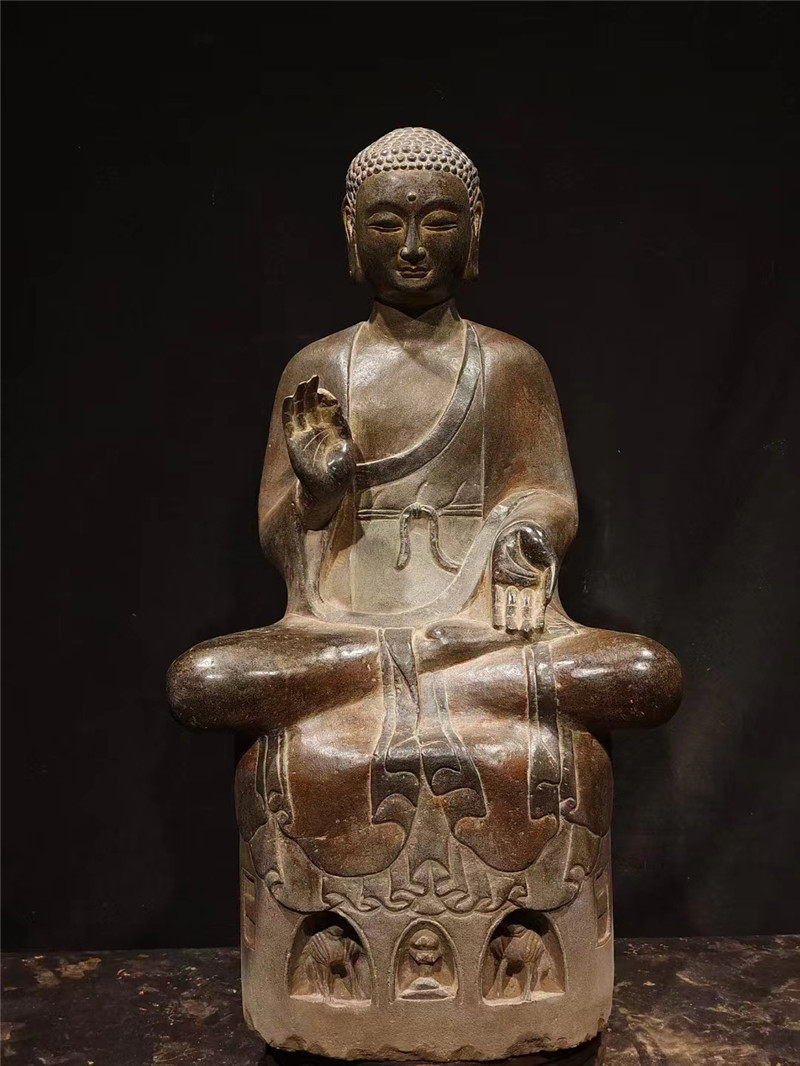 石雕复古仿古做旧佛像坐佛站佛北魏青石佛做旧摆件彩绘释迦摩尼