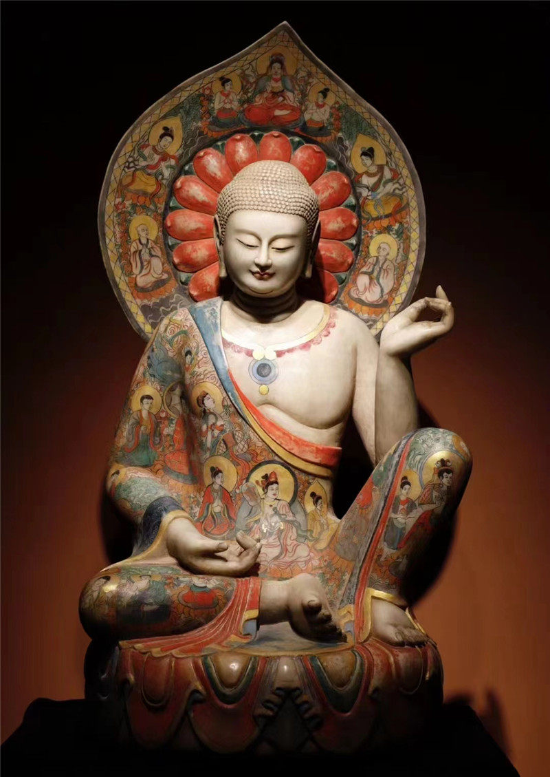 石雕复古仿古唐代汉白玉大佛彩绘佛像坐佛佛头摆件做旧摆放佛堂