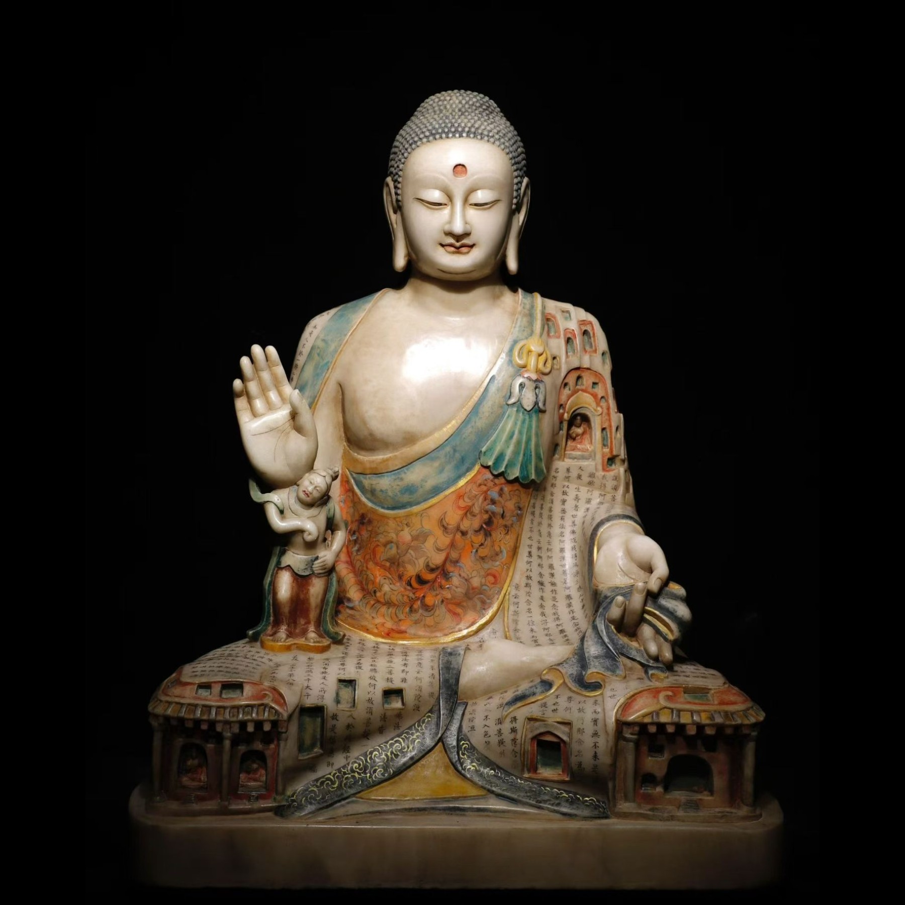 石雕复古仿古北齐汉白玉彩绘大佛像造像坐佛摆件做旧摆放佛堂供养