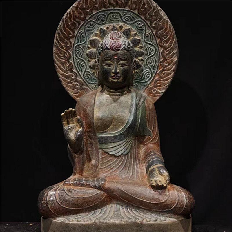 石雕复古仿古唐代青石彩绘佛像坐佛站佛大佛摆件做旧摆放佛堂家居