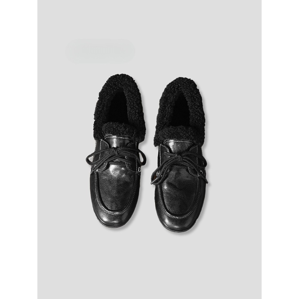 /真皮羊皮圆头卷卷毛毛深口系带平底小皮鞋冬款加绒Q