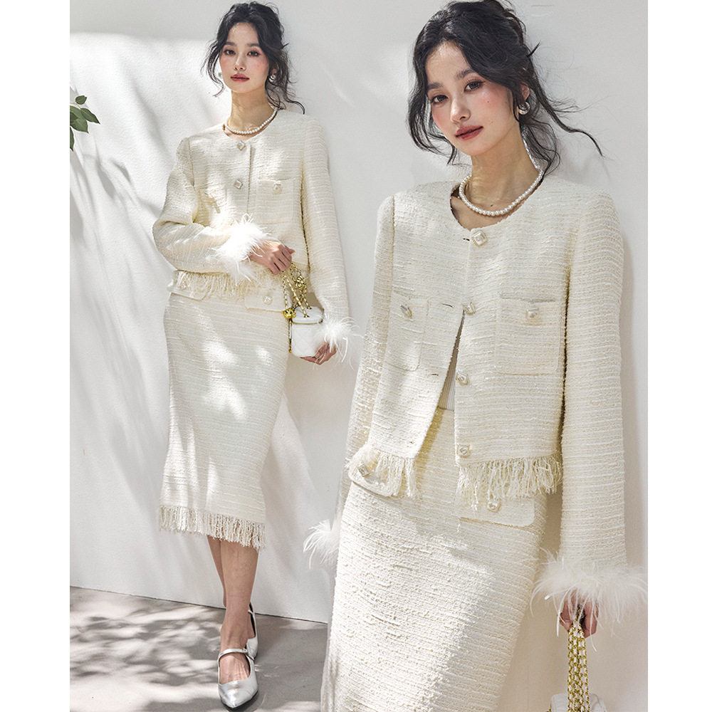 2026春新法式复古高级感千金名媛风鸵鸟毛粗花呢小香风外套,女装/女士精品,休闲运动套装,淘宝优惠券,粉丝福利购,淘宝优惠卷