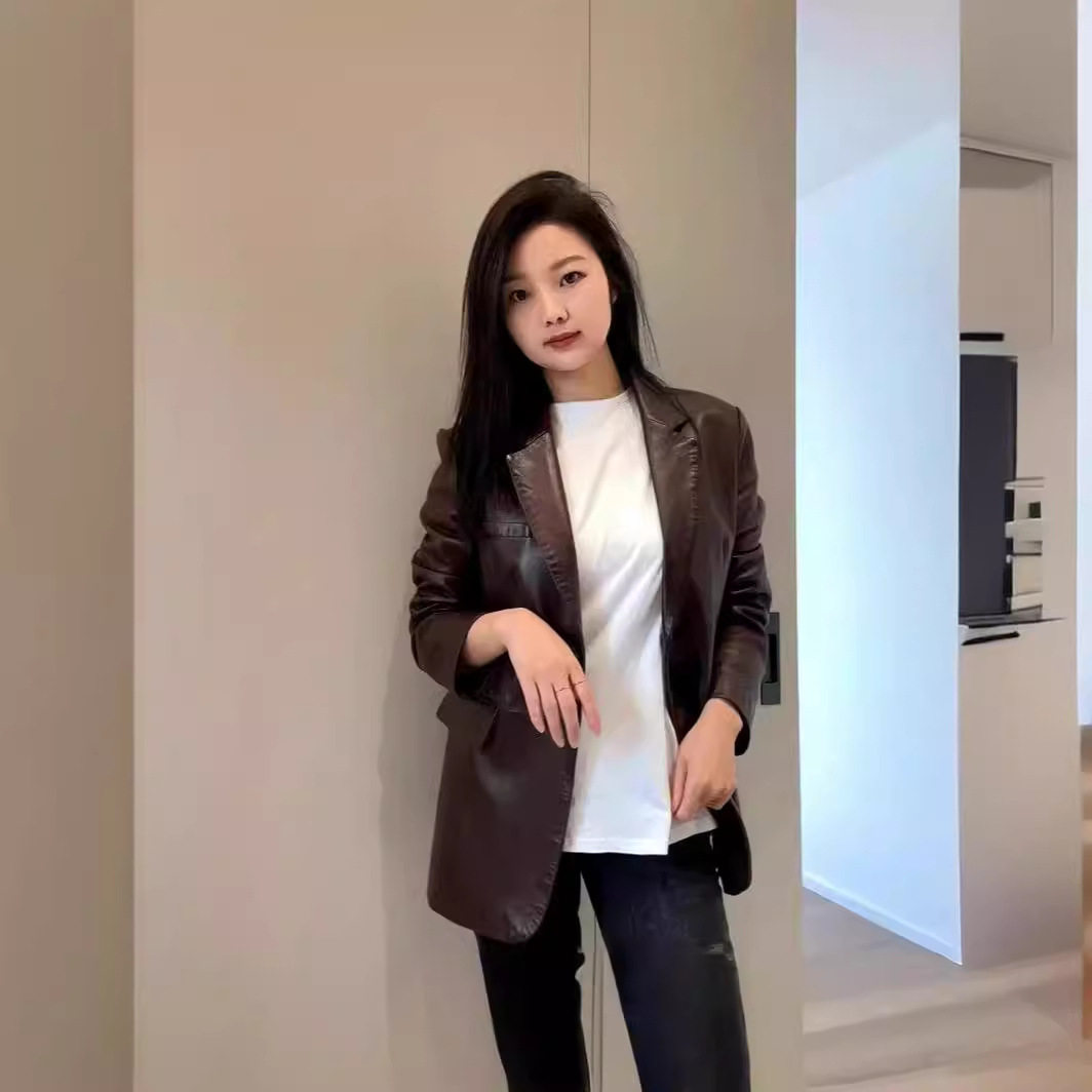 欧洲站真皮绵羊皮显瘦西装外套女