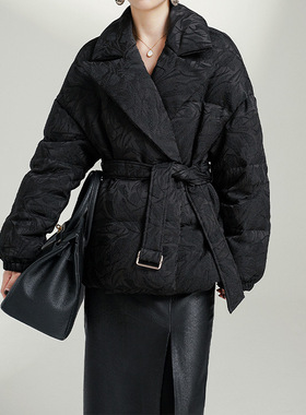 花暗纹高端鹅绒服 收腰白鹅绒短款平湖羽绒服外套宽松系带女黑色