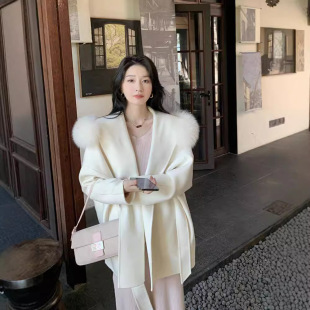 粉色冬季2026新款斗篷狐狸毛领双面羊绒大衣女中长羊毛呢皮草外套