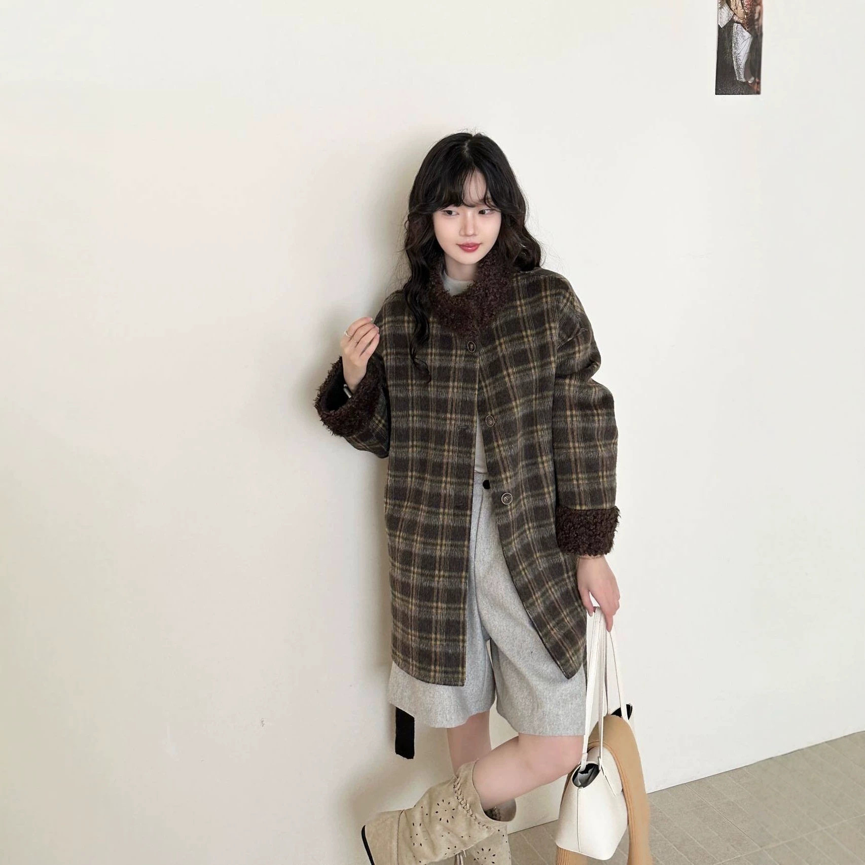 秋冬格子羊毛呢中长款大衣女