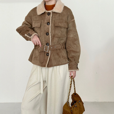 全羊毛颗粒绒小翻领皮毛一体