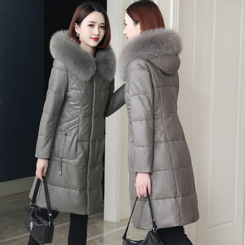 海宁皮衣真皮羽绒服女中长款大码连帽狐狸毛领2026新款绵羊皮外套