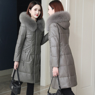 海宁皮衣真皮羽绒服女中长款大码连帽狐狸毛领2026新款绵羊皮外套