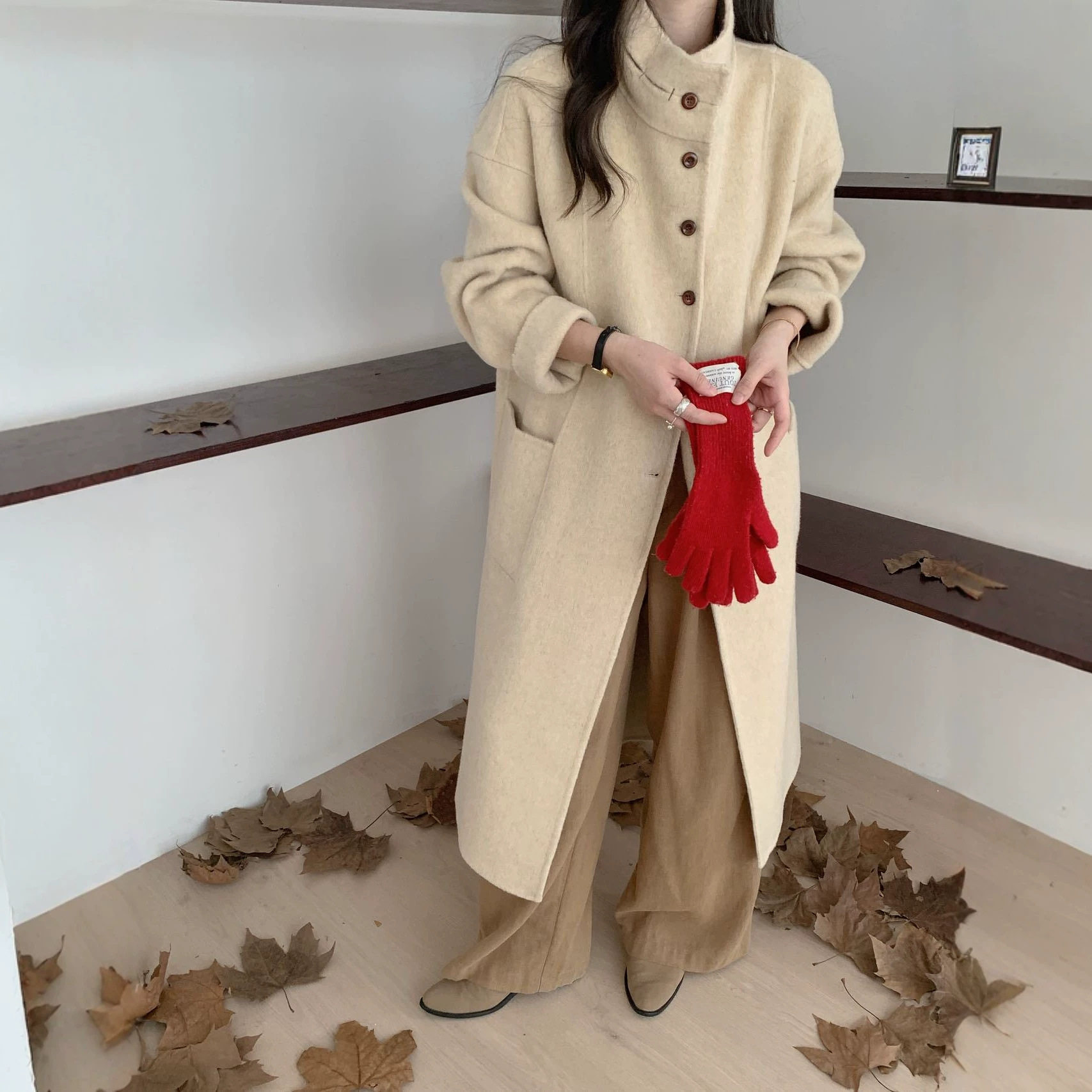 秋冬加厚双面羊毛立领长款大衣