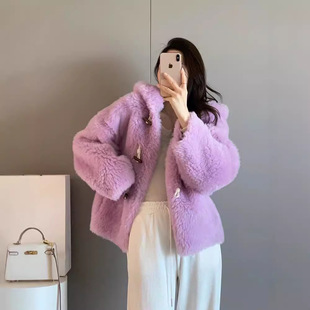 2026冬新款连帽托卡皮毛一体羊剪绒牛角扣大衣100羊羔毛皮草外套