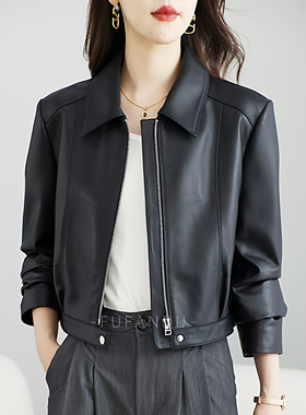 2026秋季新款女装拉链机车皮衣外套翻领黑色短款绵羊皮真皮夹克