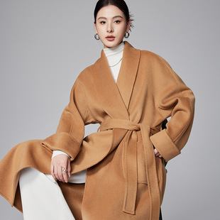 系帶長款 過膝羊毛2025高貨 雙面羊絨大衣女冬季 青果領寬松浴袍式