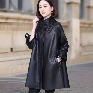 海宁真皮皮衣女中长款2026春秋绵羊皮韩版大码宽松妈妈装风衣外套
