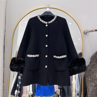 韩版狐狸毛袖双面呢羊绒大衣