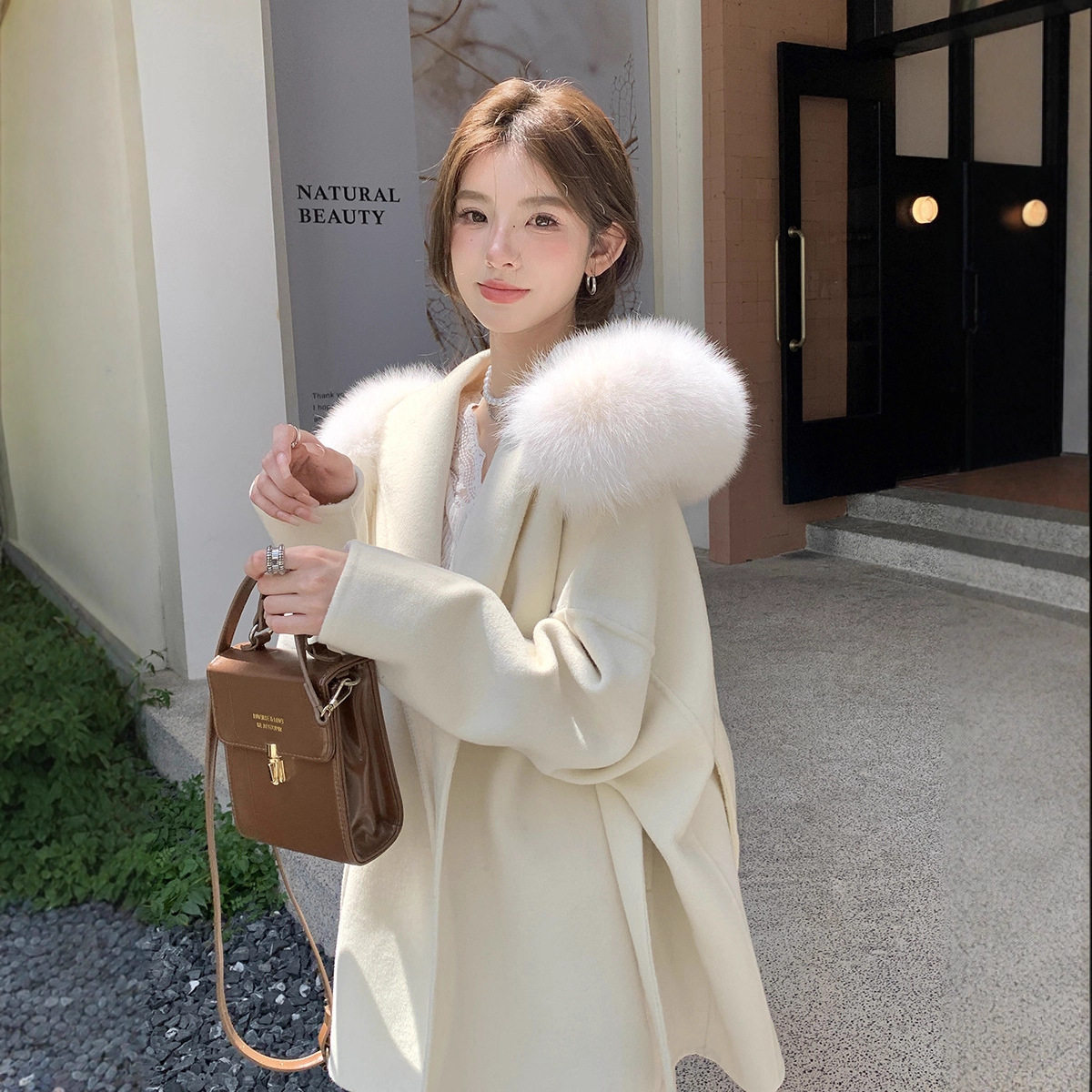 月光蔷薇26冬新款狐狸毛双面羊绒大衣女中长款羊毛呢斗篷皮草外套