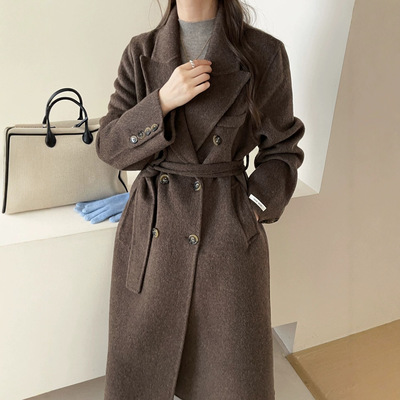 双排扣系带后摆开衩长袖毛呢外套