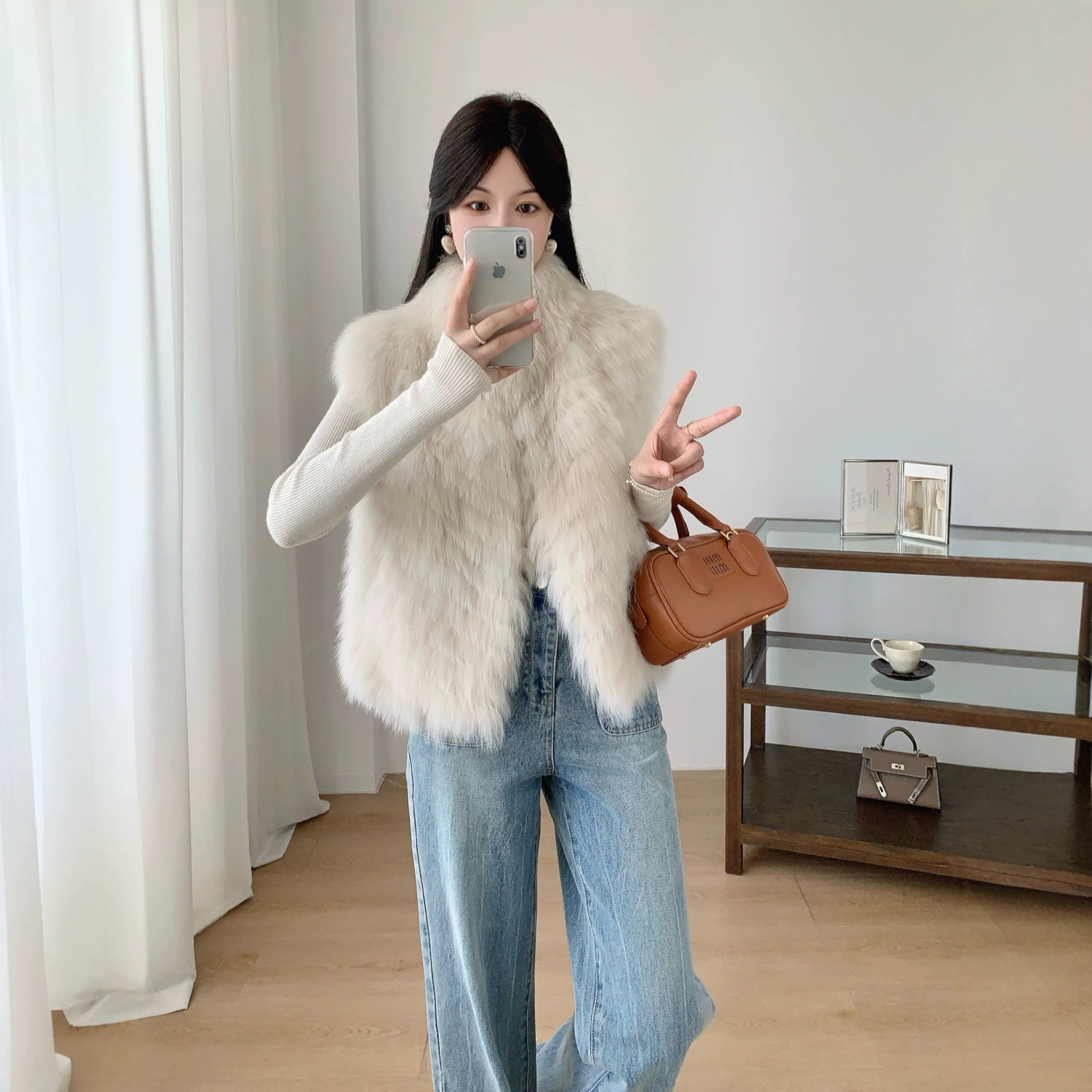 秋冬新款贵气狐狸毛立领马甲女