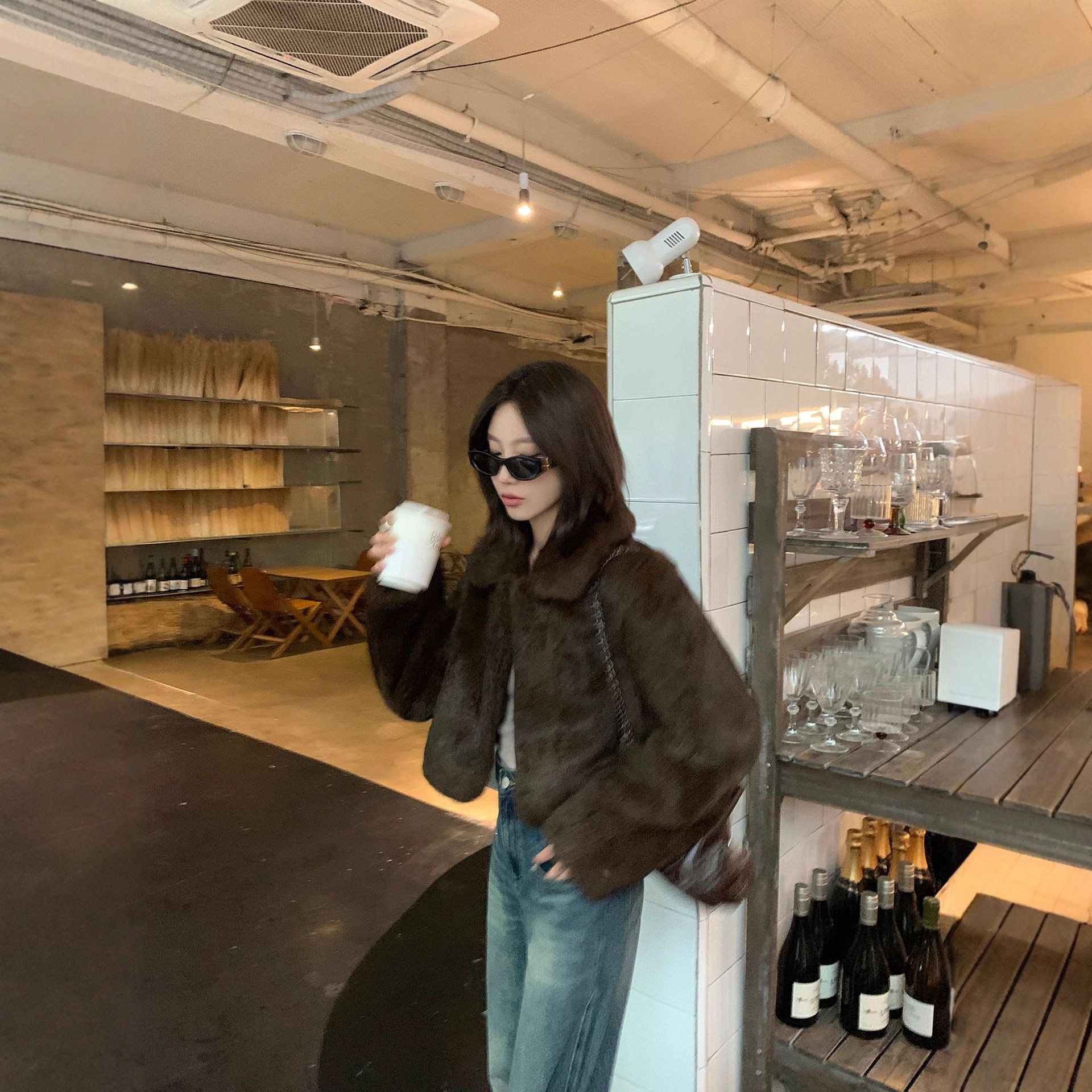 老钱风咖色兔毛短款皮草外套女