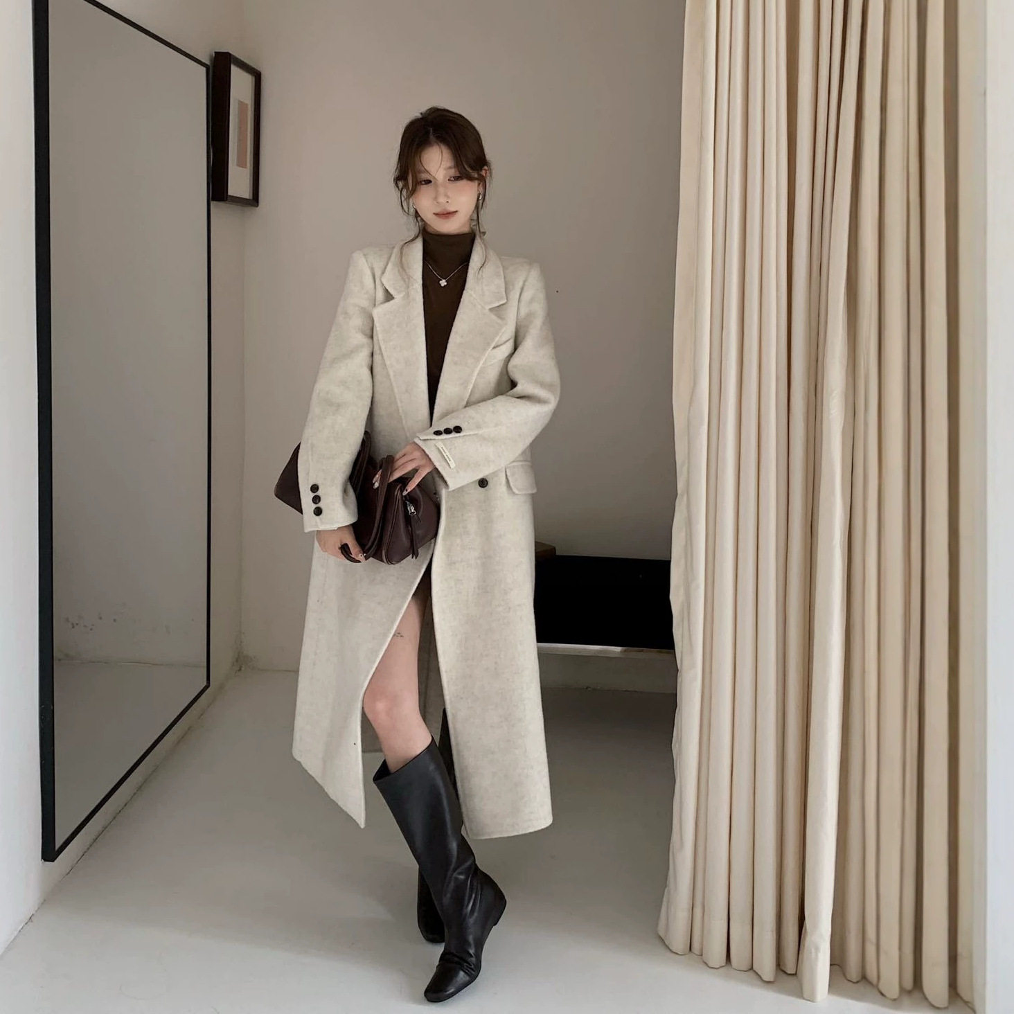 双面羊毛长款西装领加厚大衣女