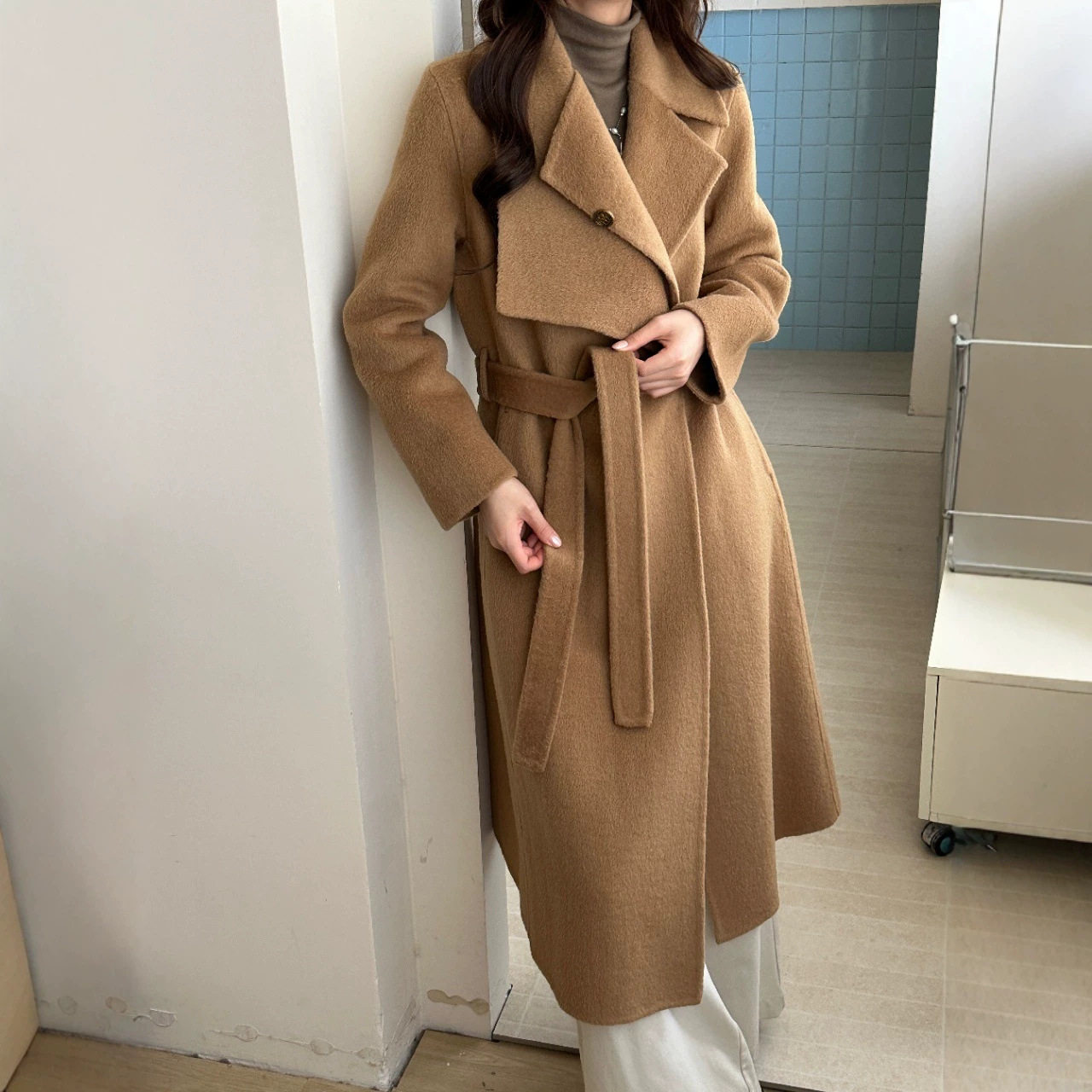 秋冬宽松加长双面羊毛呢大衣女