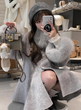 26冬季新款灰色狐狸毛领双面羊绒大衣女法式气质高级感羊毛呢外套