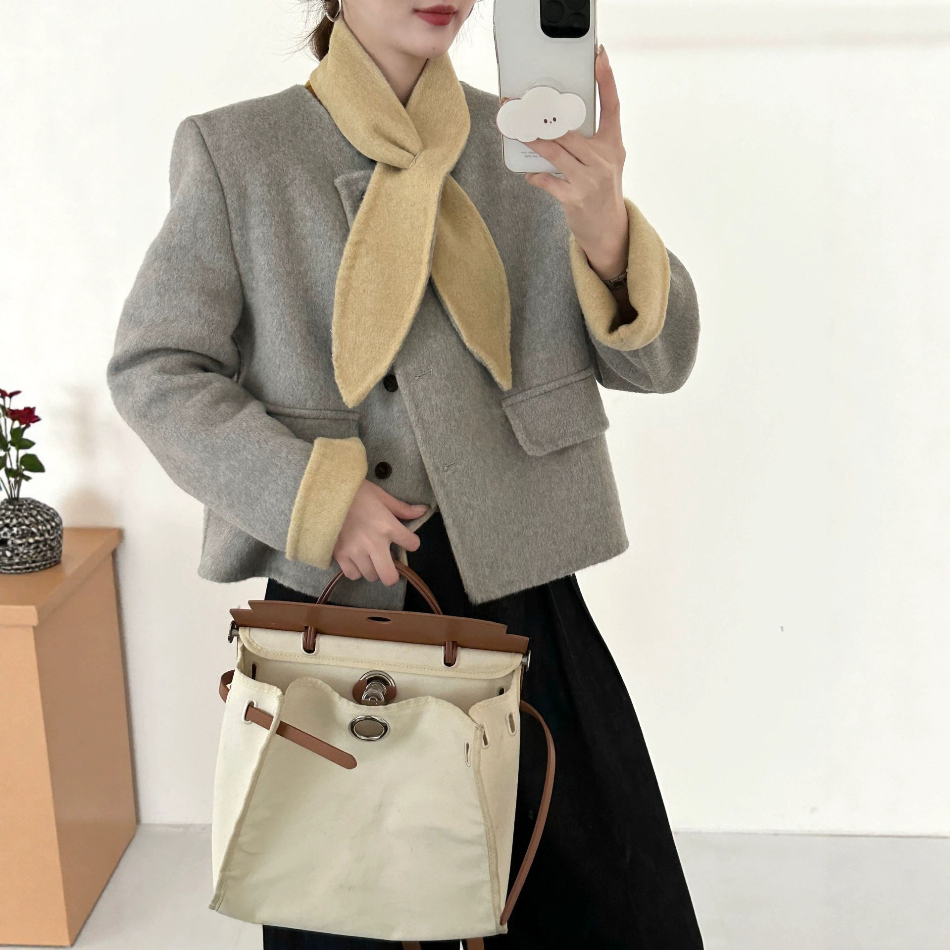 双色小香风针织围巾可脱卸圆领单排扣双面尼羊毛大衣女毛呢外套秋