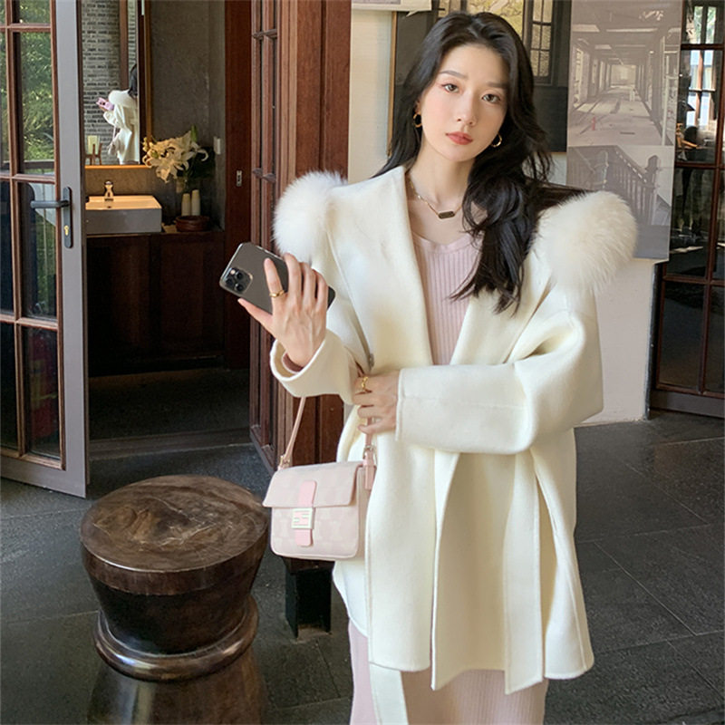 26秋冬新款斗篷式双面羊绒大衣连帽狐狸毛领小个子中长款毛呢外套