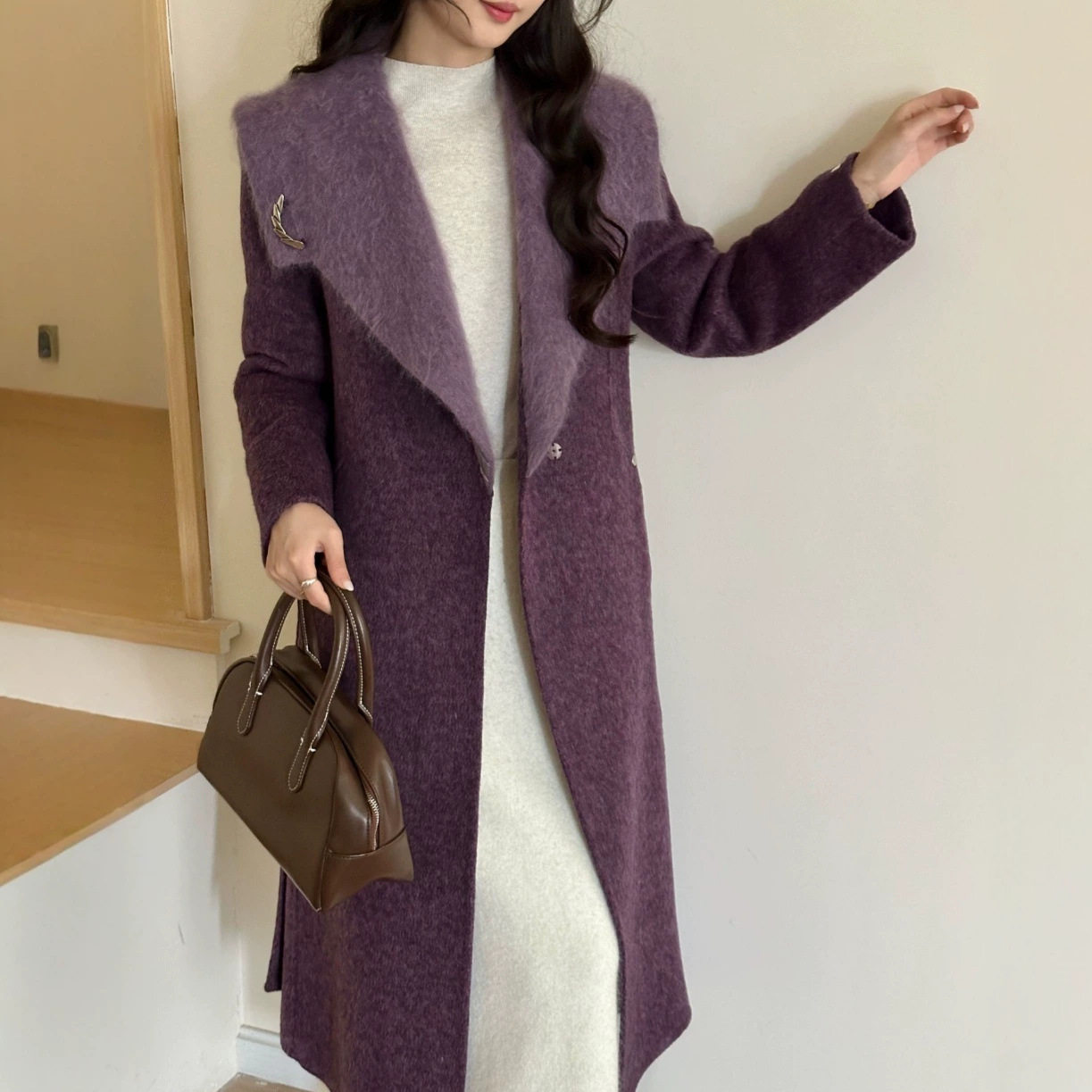 冬季双面羊毛加厚长款大翻领女大