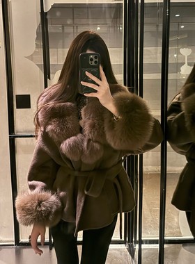 冬季狐狸毛领羊毛呢短款大衣女