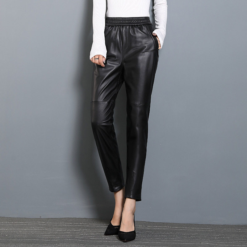 2026春秋新款海宁真皮长绵羊皮修身松紧皮裤女韩版铅笔裤九分长裤,女装/女士精品,皮裤,淘宝优惠券,粉丝福利购,淘宝优惠卷