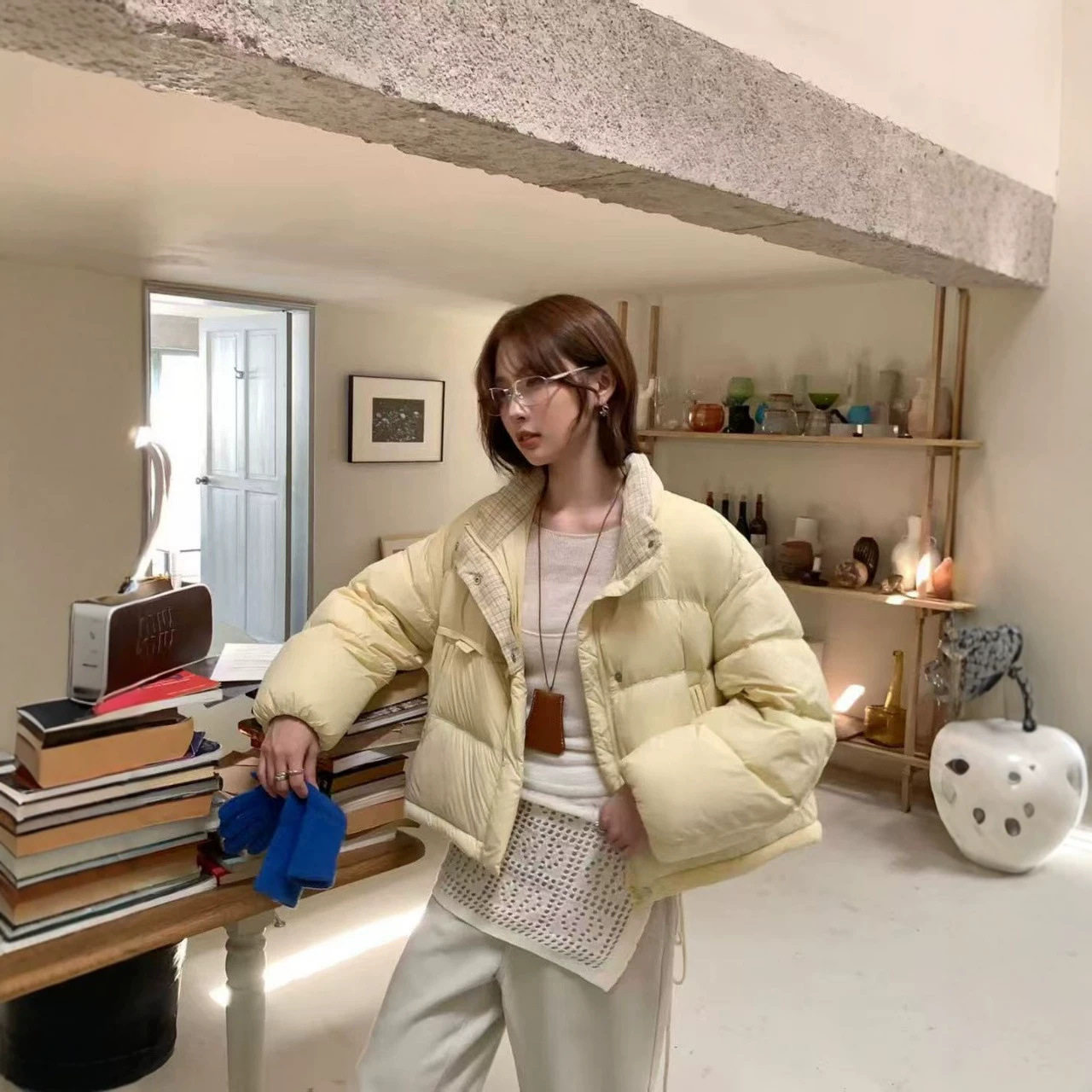 格子立领95白鸭绒短款女羽绒服