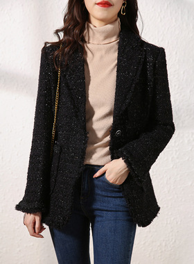 羊毛小香风外套女装 2026年秋款新款春秋短款粗花呢黑色上衣