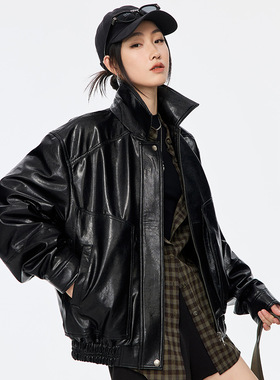 时髦录客海宁皮衣女2026春蜡感植鞣绵羊皮真皮外套黑色工装夹克