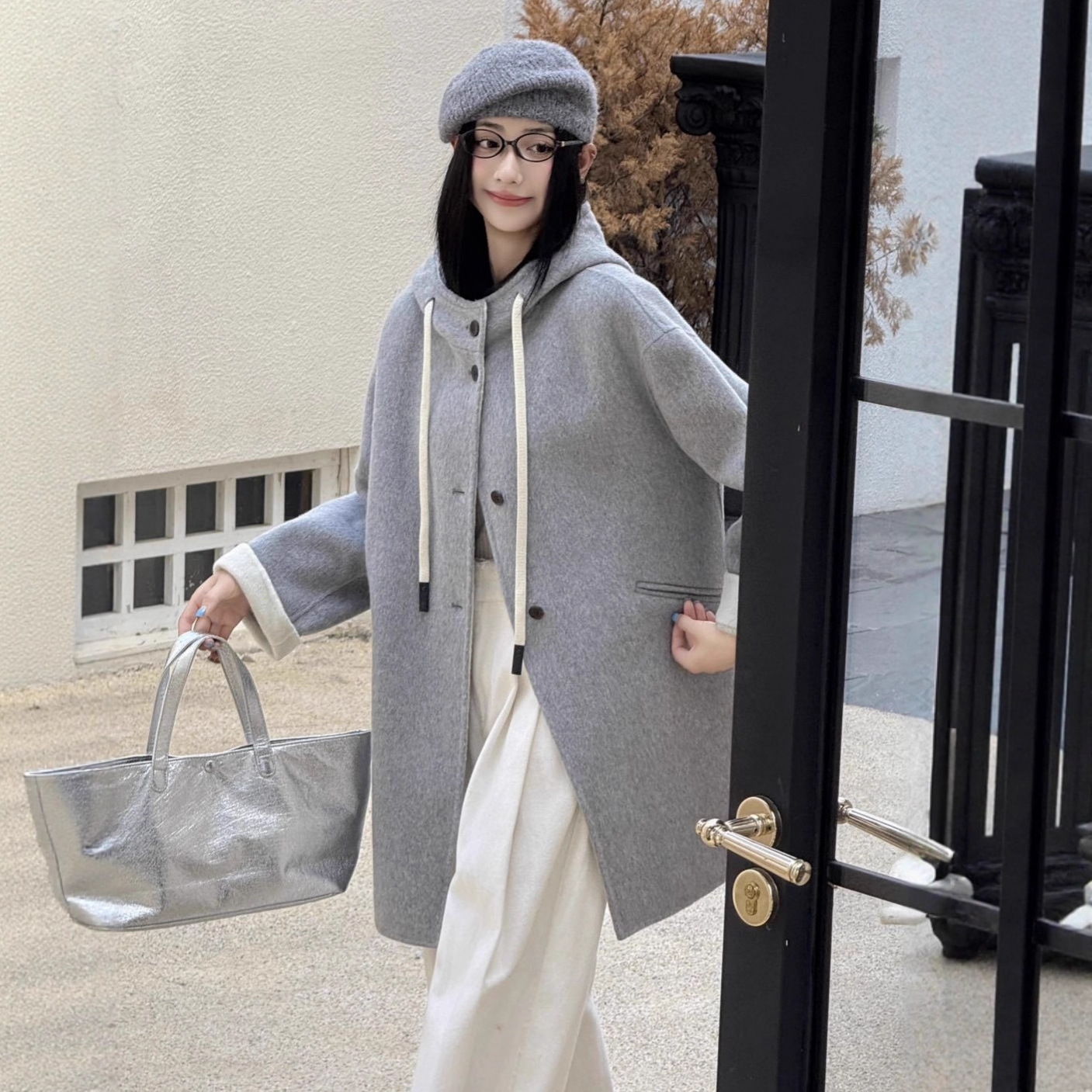 2025新款AB面双面羊毛大衣连帽