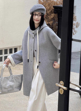 2025新款AB面双面羊毛大衣连帽外套女轻奢加厚保暖宽松中长款外套