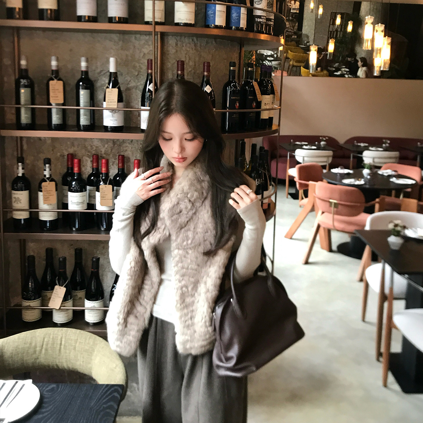 秋冬立领兔毛短款显瘦皮草马甲女
