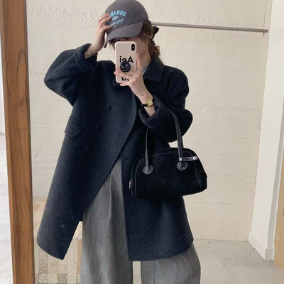 双面100%羊毛大衣女外套翻领