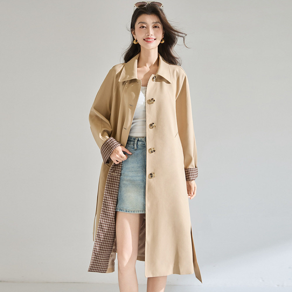 春夏优雅格纹翻领长款风衣女