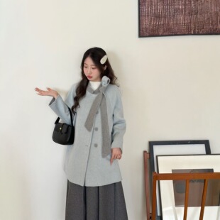 2025秋冬新款韩系高级感双面羊毛呢子大衣女长款拼色翻领加厚外套