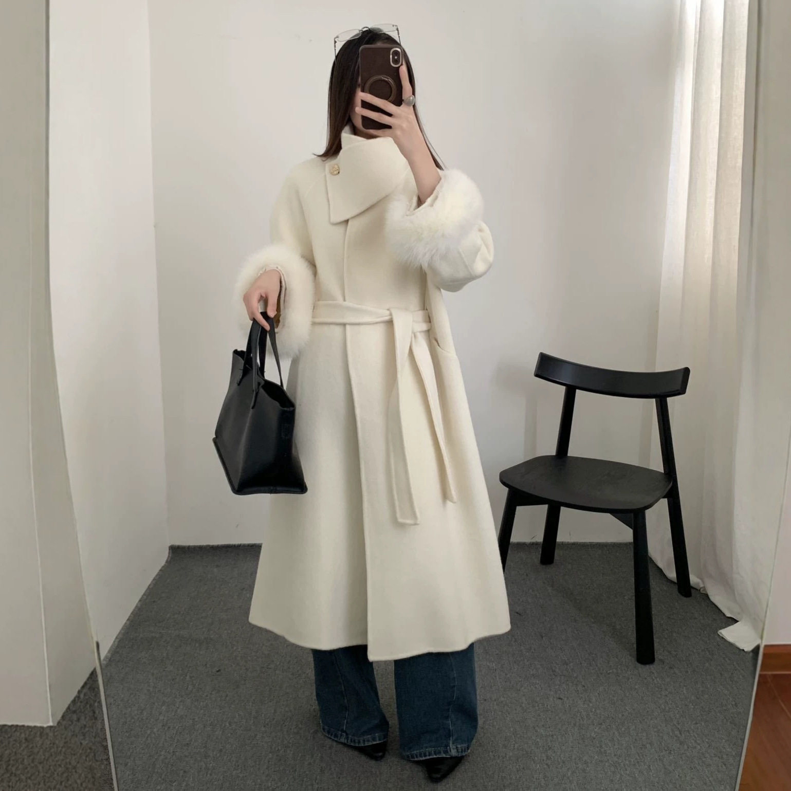 千金风加厚狐狸毛袖毛呢外套女