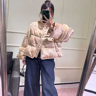 实拍复古新中式国风立领盘扣提花水貂毛羽绒服女冬鹅绒服外套2026