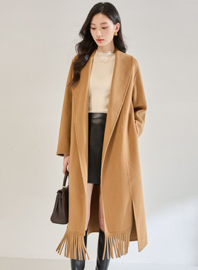 2025冬季翻领流苏100羊毛双面呢大衣浴袍款气质显瘦毛呢外套黑色